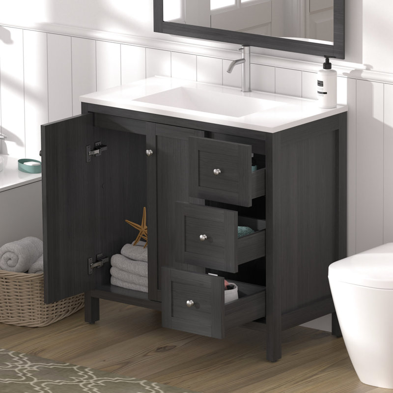 Meuble-lavabo de salle de bain de 90 cm (35,5 po), fini noir, lavabo en résine, 3 tiroirs, portes à fermeture amortie, structure en contreplaqué avec protection contre les éclaboussures, construction durable