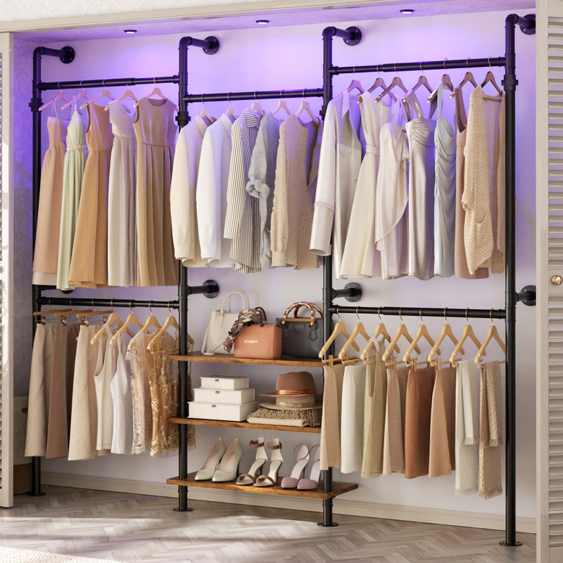 Portemanteau industriel extensible pour vêtements, système de placard mural 7,3 à 10,9 pi, Brun rustique