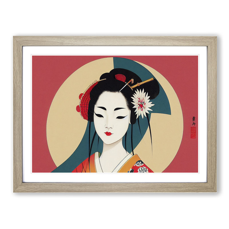 Geisha Art Deco - Single Picture Frame Print, 46cm H x 64cm W x 2cm D, Oak Framed