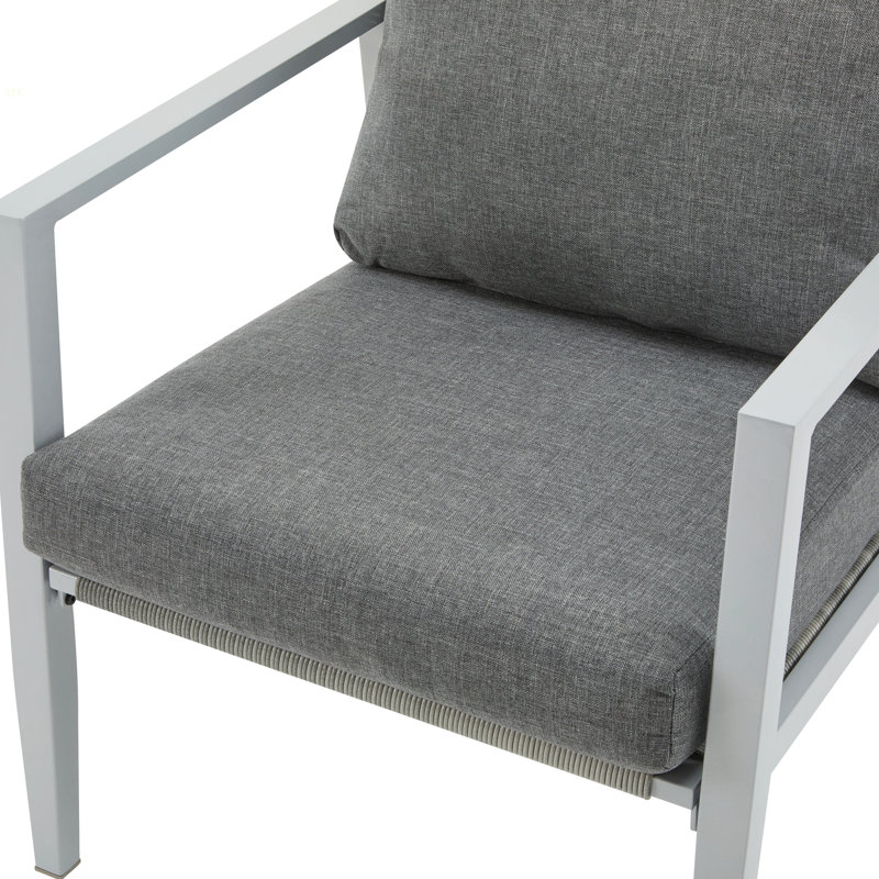Silver Aluminum Lounge Chair With Sleek Rope Accents And Comfortable Cushions, Perfect For Modern Outdoor And Indoor Spaces