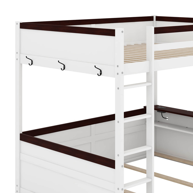 Queen Size Wooden Bunk Bed With Shelves And USB Charging Station, White