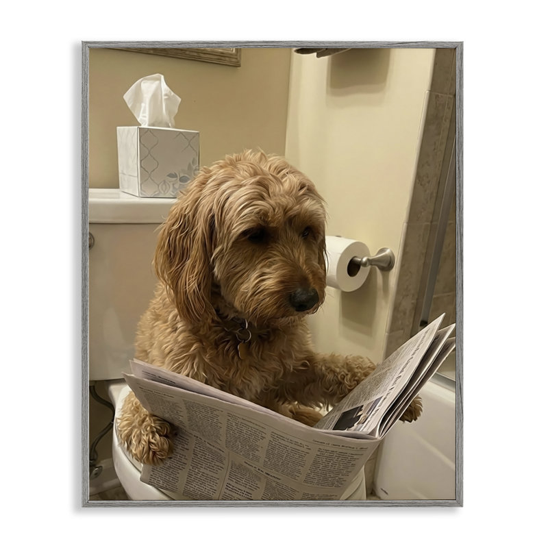 Chien et papier sur toile, estampe numérique, conception par Abigail Walker, 20 x 16, Farmhouse Grey Giclee Framed