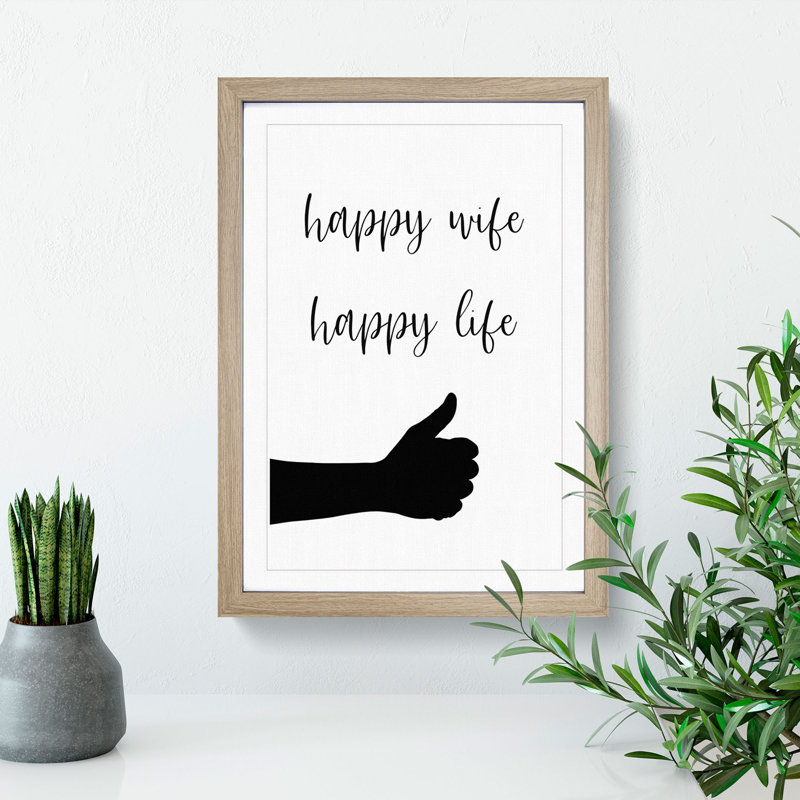 Happy Wife Happy Life - Picture Frame Typography, 65cm H x 48cm W x 2cm D, Oak Framed