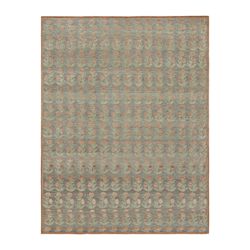 Rug & Kilim’S Block Print Rug Design. Brown And Green And Orange Floral Patterns, Rectangle 12' x 18'