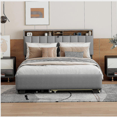 Lit plateforme en textile avec tête de lit, lit escamotable, 2 tiroirs et ensemble de prises et de ports USB, tissu en lin