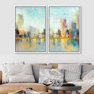 Colorful Brushstrokes " Watercolor Pastel City On The Bayism Colorful " 2 - Pieces