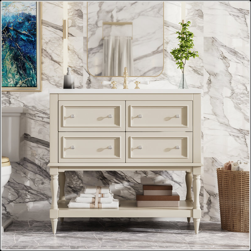 Armoire de meuble-lavabo 36 po avec lavabo encastré en céramique, ensemble autoportant avec 4 tiroirs, structure en bois massif pour salle de bain moderne