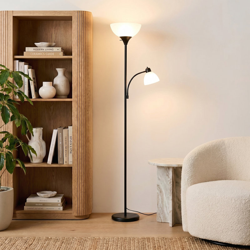 Sky Dome Plus 72 in. Industrial 2-Light 3-Way Dimming LED Floor Lamp with 2 Plastic Bowl Shades, Black