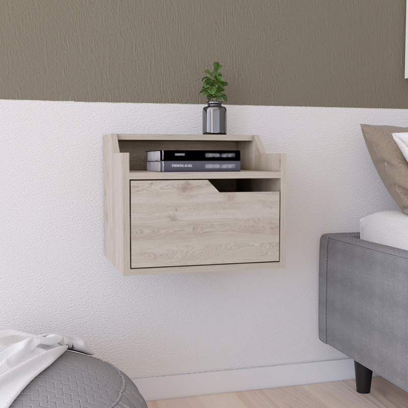 Winchester Floating Nightstand, Modern Dual-Tier Design With Spacious Single Drawer Storage, Light Gray, Light Gray
