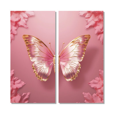 Pink And Gold Butterfly II - Animals Butterfly Wall Art 2-Panels