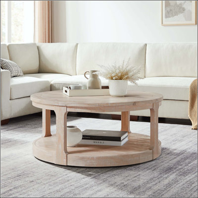 Grande table basse ronde en bois à 2 niveaux avec roulettes