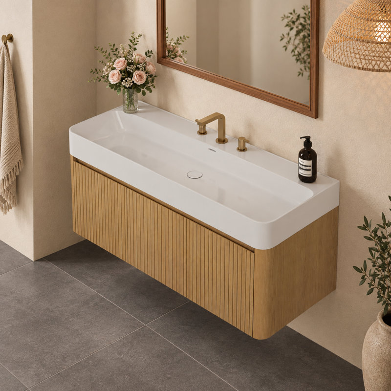 Meuble-lavabo mural avec lavabo en céramique intégré, armoire de rangement suspendue avec 3 trous prépercés pour robinetterie, chêne