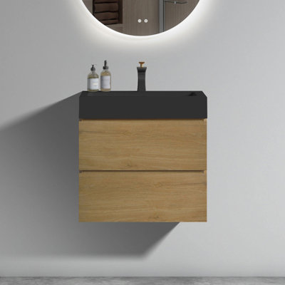 Meuble-lavabo de 61 cm (24 po) en chêne naturel, accessoire moderne, grand tiroir, fermeture silencieuse, lavabo intégré, grand espace de rangement intérieur, style