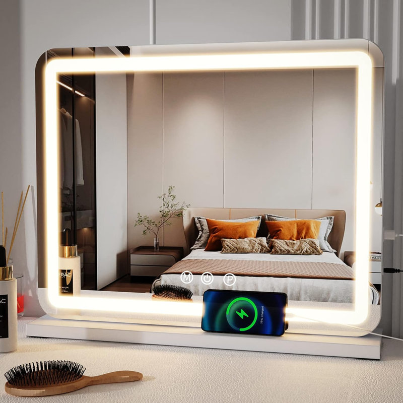 Miroir de salle de bain avec lumières, grand miroir de maquillage de 23 pouces avec lumières DEL, lumière 3 couleurs à intensité variable Smart Touch, fonction de mémoire, port de chargement USB et loupe