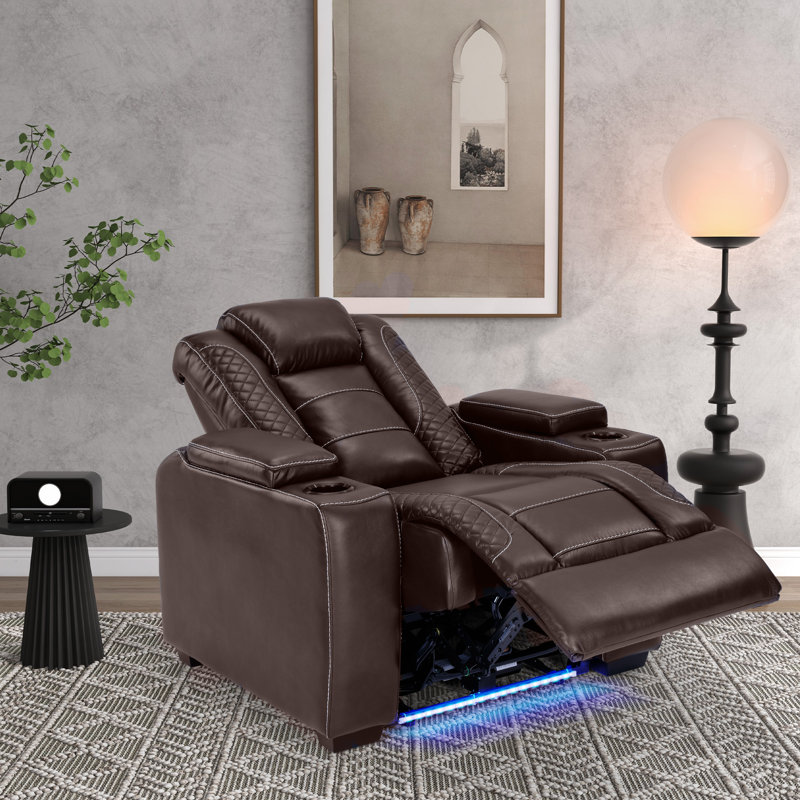 39'' Adjustable Headrest Power Recliner Man Cave Home Theater Chair With Cup Holders USB LED (Set of 9), Brown
