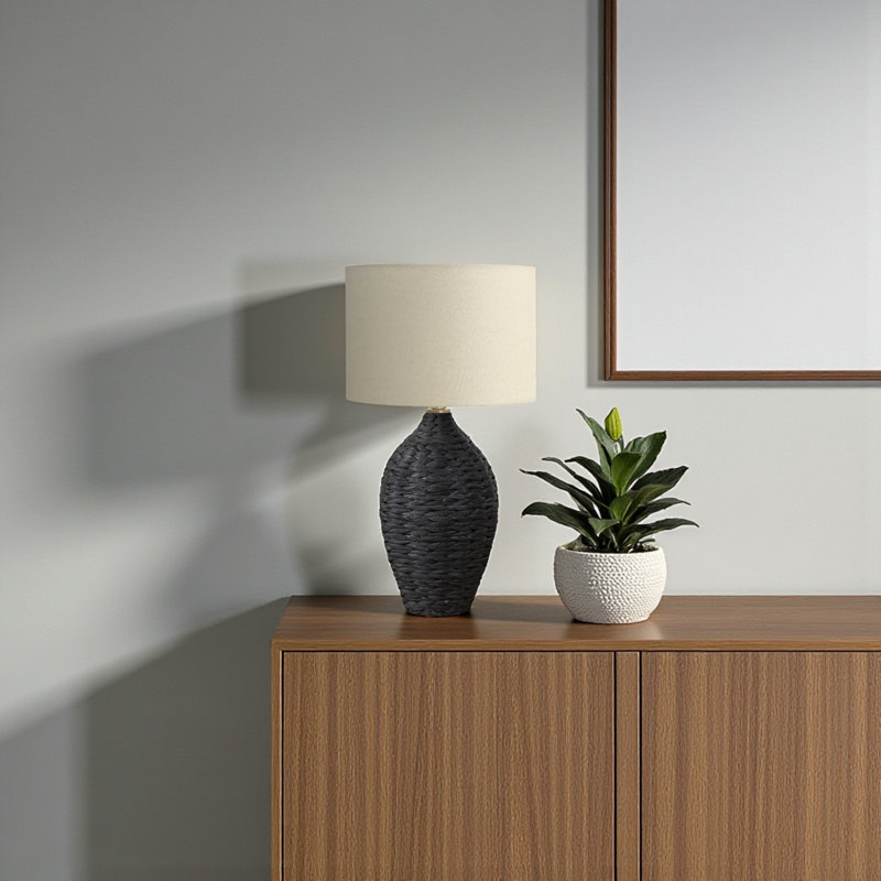 Marin Standard Rattan Table Lamp in Black and Linen, 29.23'' H X 15.85'' W X 15.85'' D