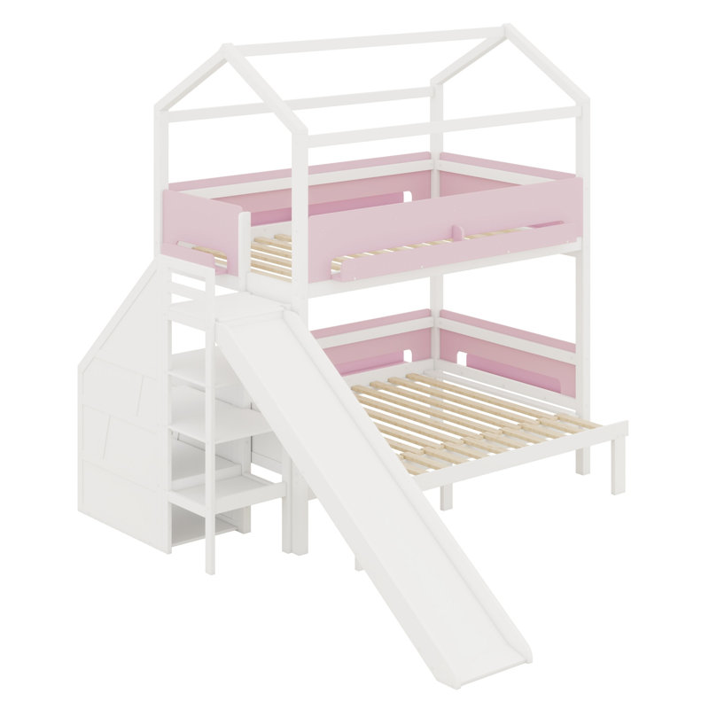 House-Shaped  Bunk Bed with Slide and Storage Staircase, White+Pink