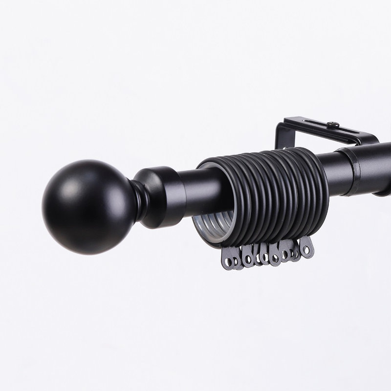 Extendable Metal Curtain Pole Set with Rings, Finials & Brackets, Adjustable 25mm Curtain Rods (Set of 2), Matte Black