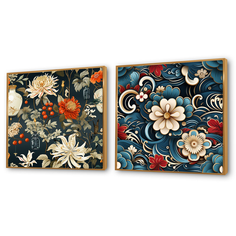 Astorga - Ensemble de 2 collages carrés botaniques abstraits, H 16 po x l 33 po, Cadre flottant doré