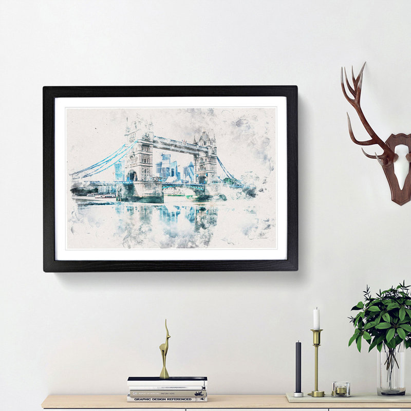 London Bridge Watercolour - Picture Frame Graphic Art Print, Black Framed, 33cm H x 45cm W x 2cm D