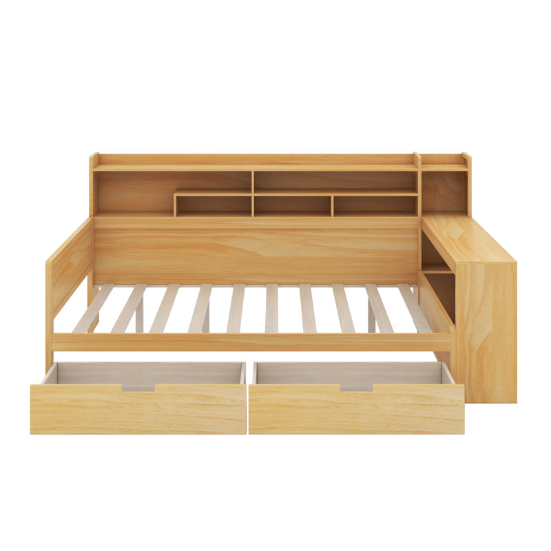 Lit de jour double avec tablettes, tiroirs et bureau, Naturel