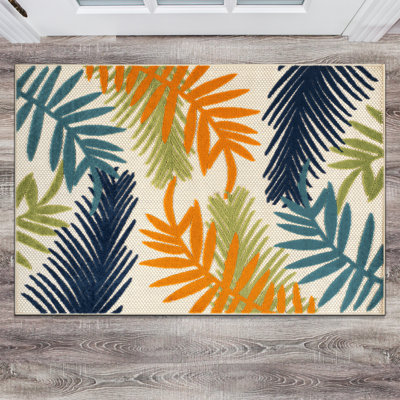Parksley Palm Frond Indoor/Outdoor Area Rug Ivory/Orange/Navy