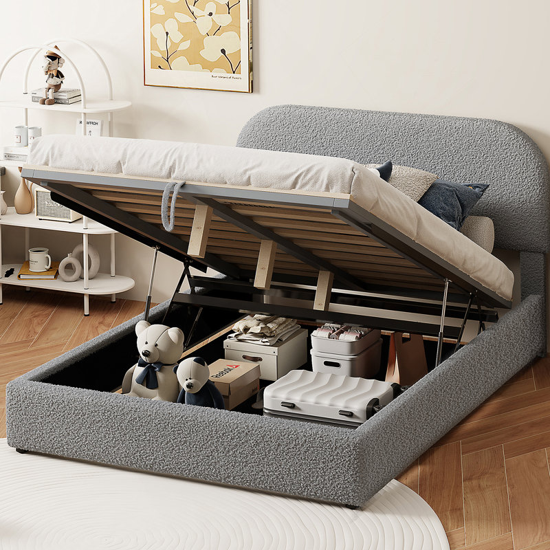 Lit plateforme tapissier Teddy avec système de rangement hydraulique , Gris