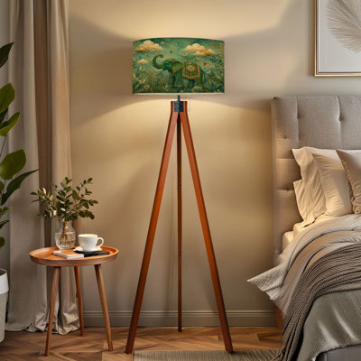 Lampe sur pied à trépied décorative à motif d'éléphants verts à motif floral rétro à éclairage à DEL avec pieds en bois de hêtre et abat-jour en lin détachable pour salon et chambre à coucher