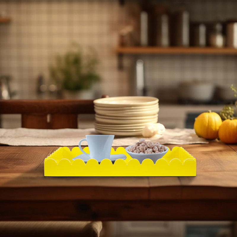 Hindley Hand-Crafted Rectangular Scalloped Wood Tray, Yellow