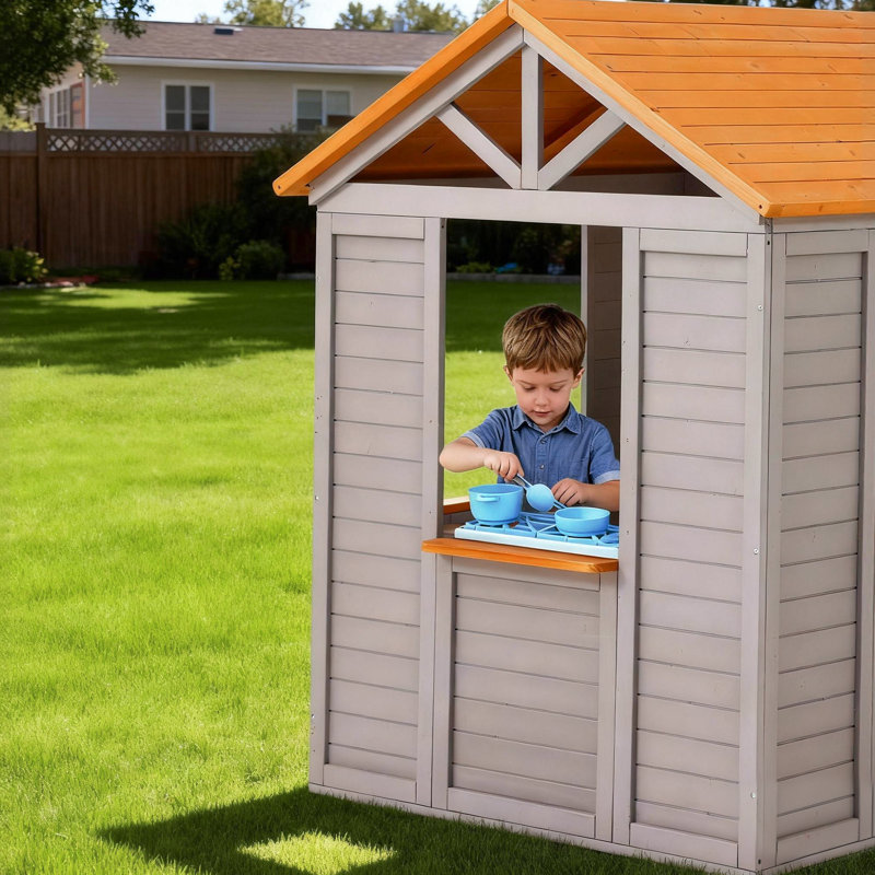 KizzParnrr Wooden Outdoor Kids Playhouse with Sand Water Table Chair Set, Play Kitchen, Half Door Windows, and Toys PlaySet for Backyard Play