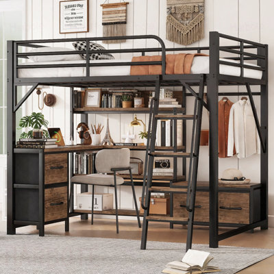 Lit mezzanine double avec bureau et lumière, lit mezzanine en métal avec tablettes de rangement, garde-robe et tiroirs pour garçons filles