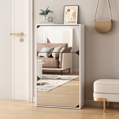 Armoire à chaussures à miroir avec 3 tiroirs rabattables, armoire à chaussures autoportante avec conception anti-basculement, étagère à chaussures étroite pour l'entrée, porte d'entrée, vestibule, couloir