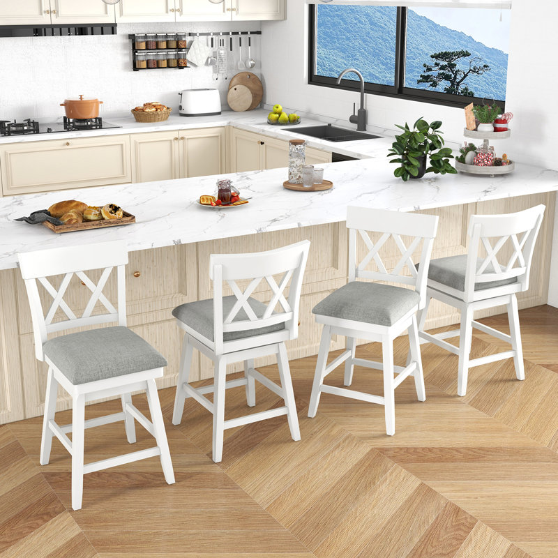Ensemble de 4 tabourets de bar 26 po avec siège rembourré pivotant à dossier profilé 26 po, Gris / Blanc