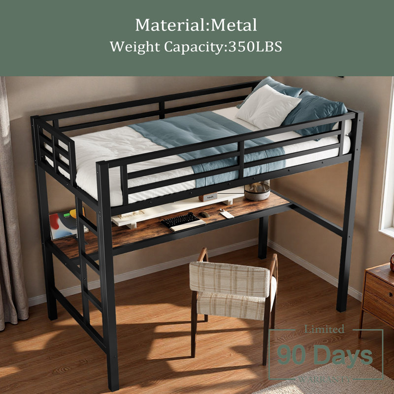 Metal Twin Size Loft Bed With Power Outlet And LED Lighted, Space-Saving, Noise Reduced