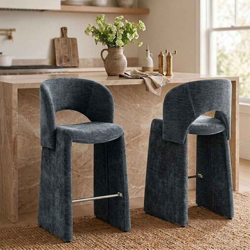 Tabouret de comptoir moderne 26,5 po entièrement revêtu de chenille, Gris