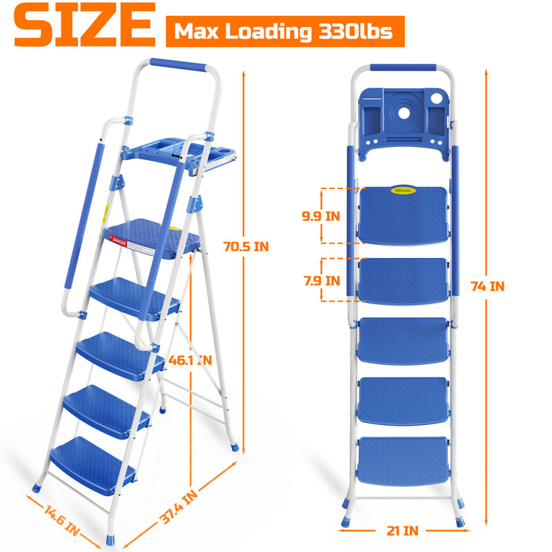 Échelle pliante à 5 marches avec mains courantes et plateau à outils, pédale large antidérapante, charge robuste de 330 lb, escabeau en acier portable pour la cuisine