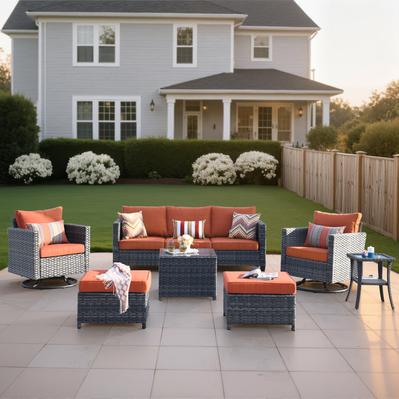 Grano Wicker Patio Outdoor Furniture Set, 7 Piece Rattan Guest Sofa Chair Set, Weather-Resistant Sofa Rocking Chair Set