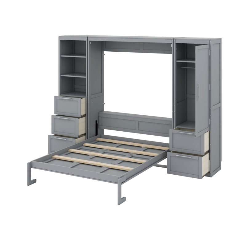 Grand lit escamotable avec tiroirs et tablettes, Gris