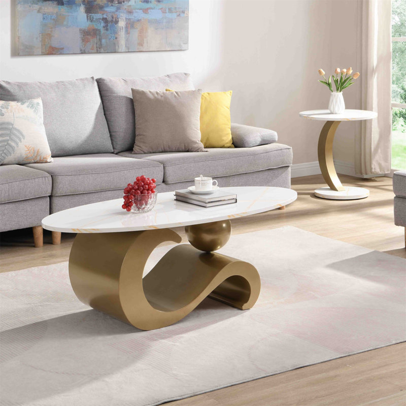 Modern Nesting Coffee Table Set Of 2 End Table For Living Room, Oval And Round Table Set