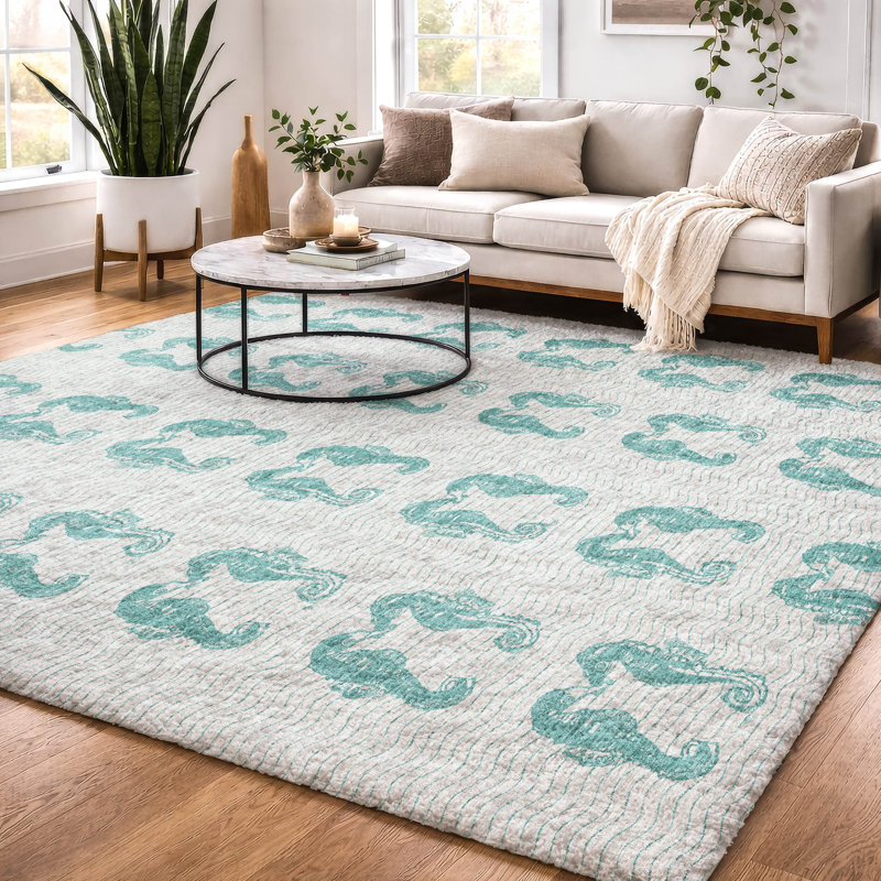Premium Machine Washable Dream Shag ADS194 Seahorses Rug, Aqua, 5' x 7'6"