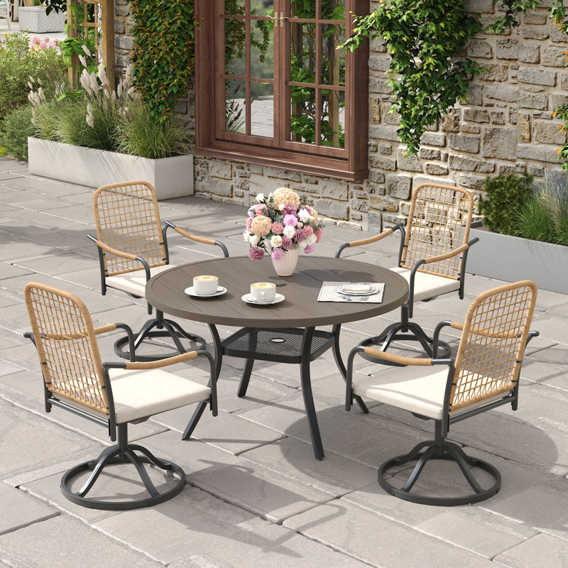 4-Person Outdoor Patio Dining Set With Swivel Rattan Chairs, Gray Woodlike