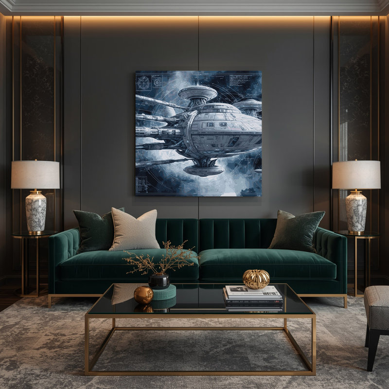 "Space Spacecraft Blueprint Designs", art mural sur toile bleue, H 16 po x l 16 po
