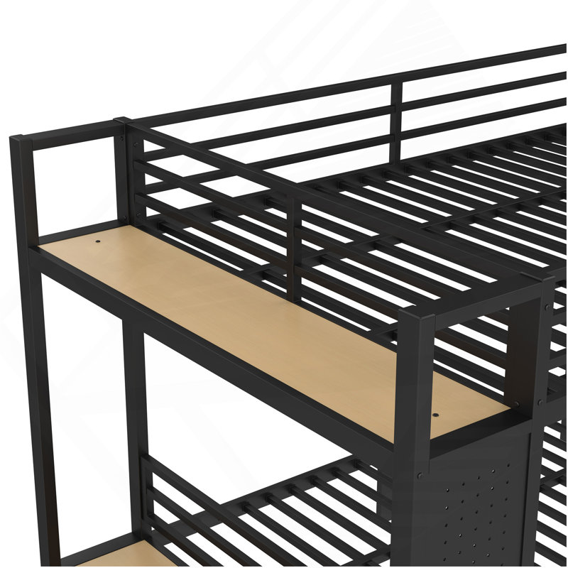 Grand lit superposé en métal pour les adolescents avec tablettes de rangement, tiroirs et panneau perforé, noir