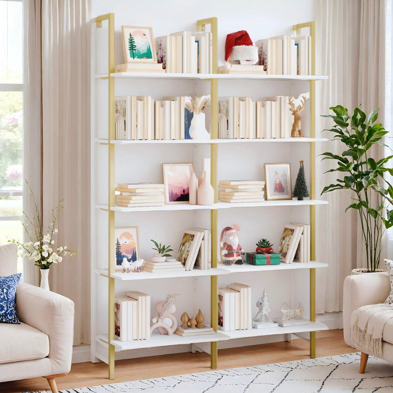 Bibliothèque étagère en fer H 72,6 "x l 23,6" Cayden-James, Blanc / Laiton, Ensemble de 2