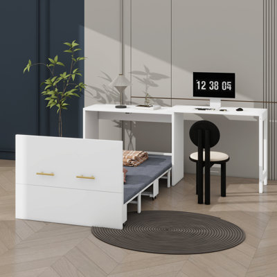 Lit simple escamotable avec rangement à hauteur réglable et commode escamotable avec coussin pliable