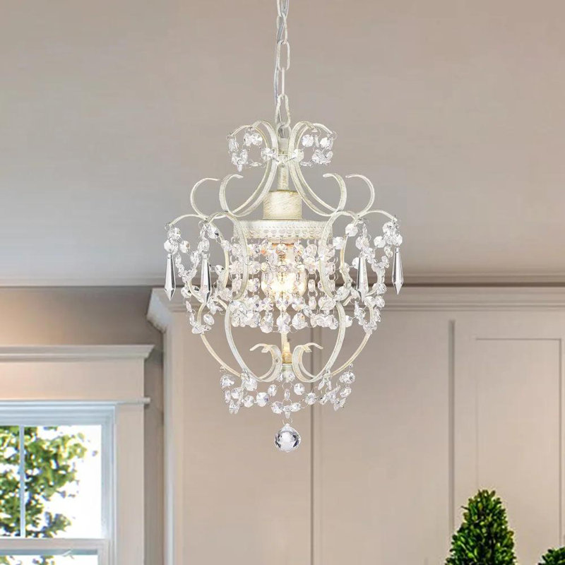 Petit lustre suspendu 1 lumière avec petits cristaux en acrylique, Blanc