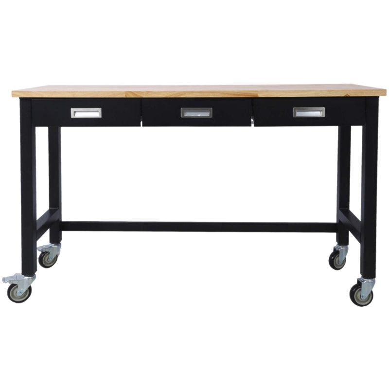 Banc de travail robuste en bois de bambou 60 po avec rangement de tiroir et roulettes pour le garage, la maison et le bureau