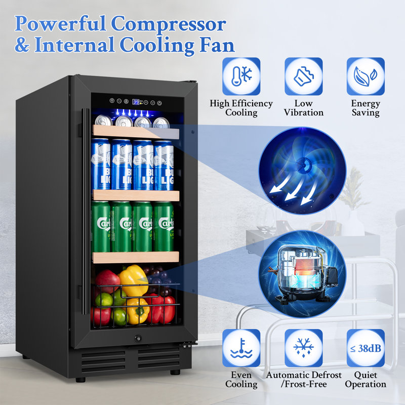 15 Inch Beverage Refrigerator - 130 Can Built-In/Freestanding Beverage Cooler, Beer & Drink Fridge with Metal Basket, Reversible Glass Door