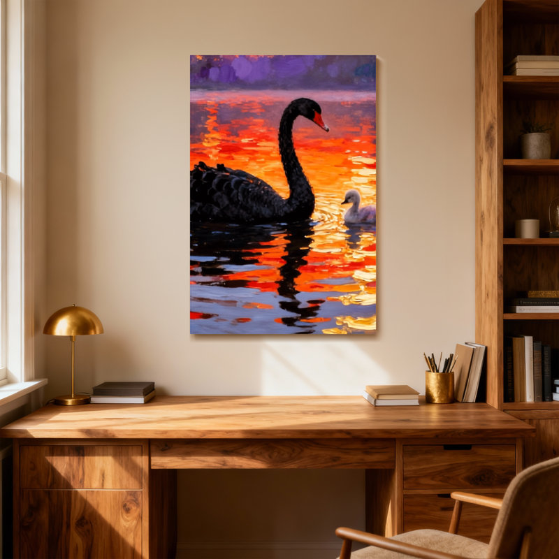 Animaux cygne noir et cygne au coucher du soleil, H 18 po x l 12 po
