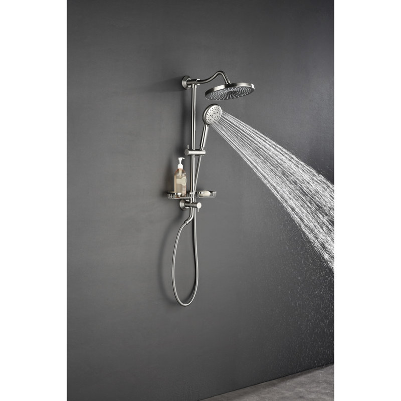 Ensemble de douche avec pomme de douche à effet pluie de 10 po, douche à 4 mains, goupille réglable et plateau à savon en mélange de nickel brossé
